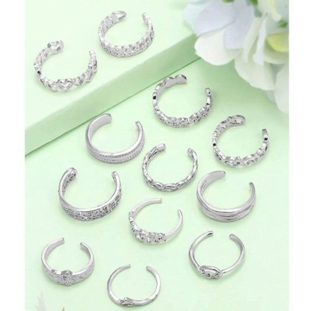 Silver Adjustable Boho Open Toe Rings - Set of 12 - Picture 4 of 4